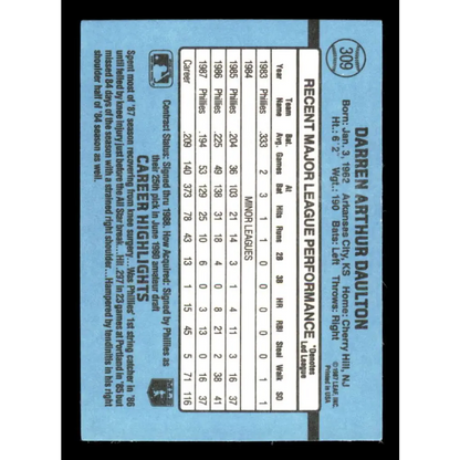 1988 Donruss #309 Darren Daulton EX Philadelphia Phillies Baseball Card Image 2