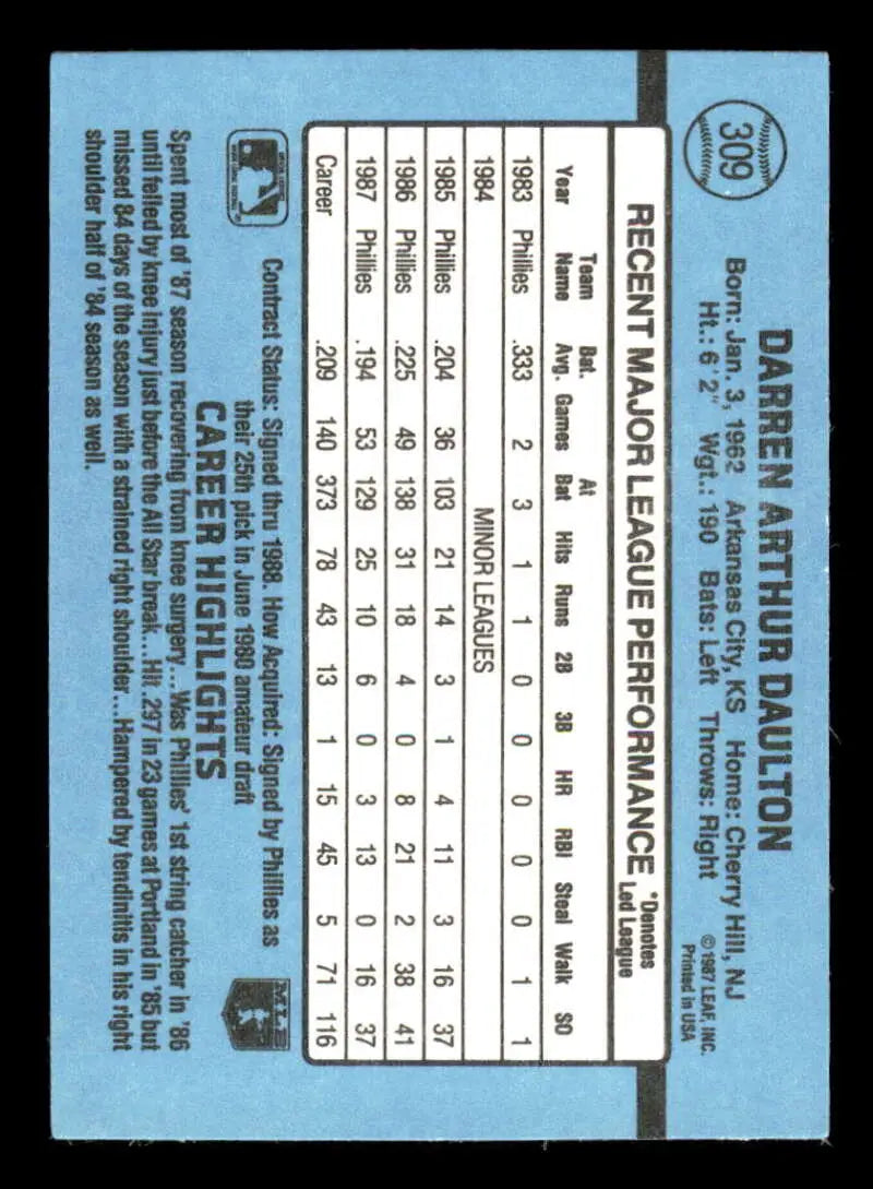 1988 Donruss #309 Darren Daulton NM-MT Philadelphia Phillies Baseball Card - Baseball Card Single