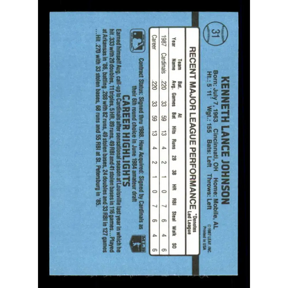 1988 Donruss #31 Lance Johnson EX RC Rookie St. Louis Cardinals Baseball Card