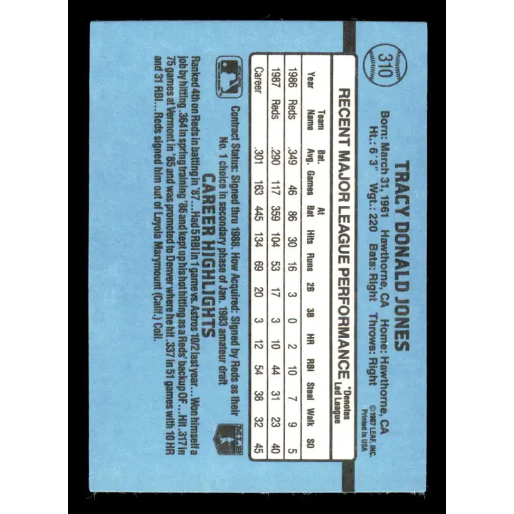 1988 Donruss #310 Tracy Jones EX Cincinnati Reds Baseball Card - Baseball Card Single