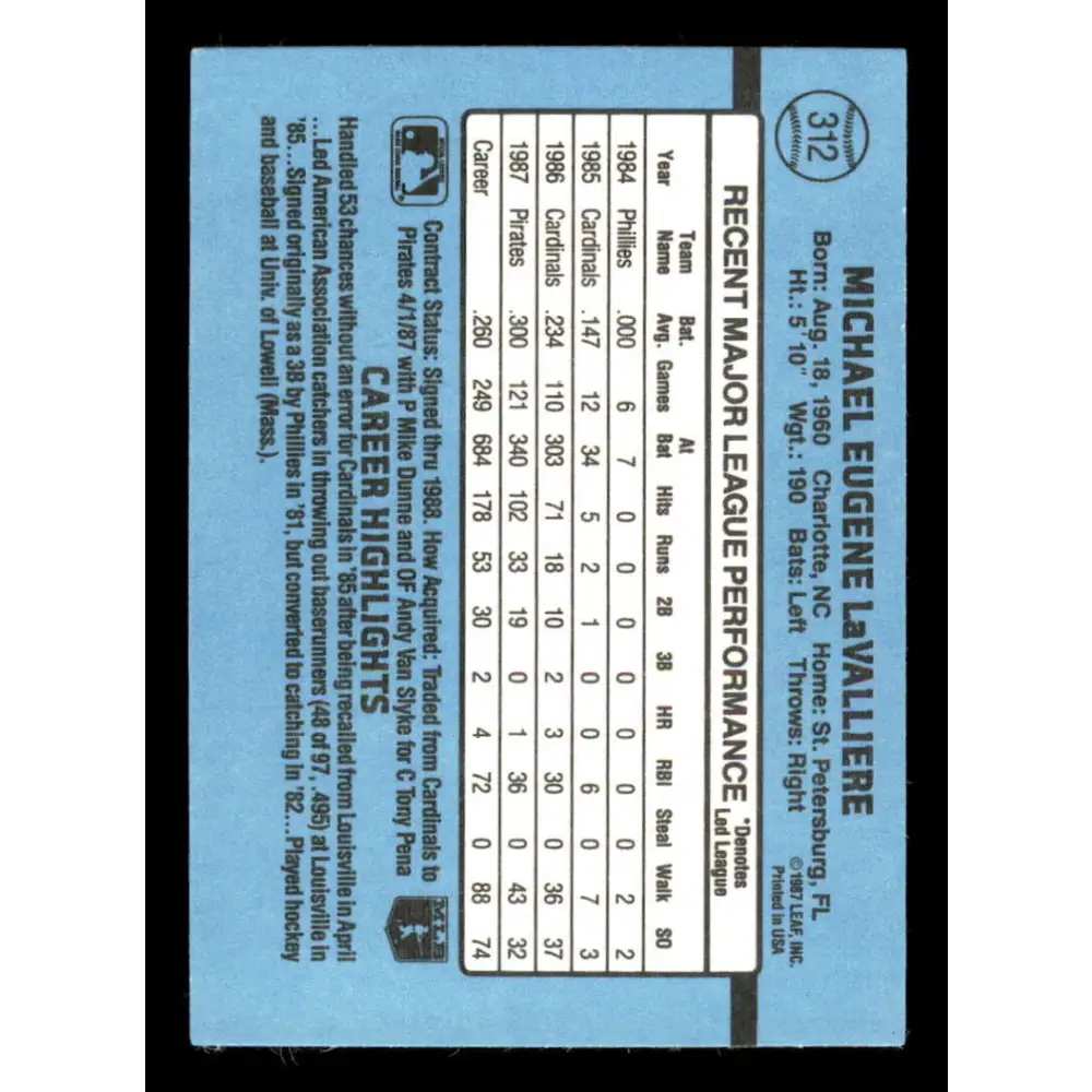 1988 Donruss #312 Mike Lavalliere EX Pittsburgh Pirates Baseball Card Image 2