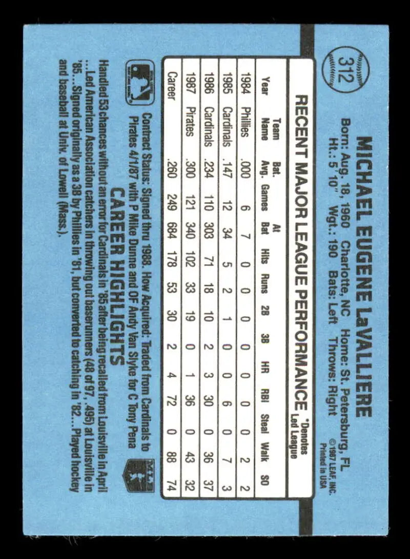 1988 Donruss #312 Mike Lavalliere NM-MT Pittsburgh Pirates Baseball Card - Baseball Card Single