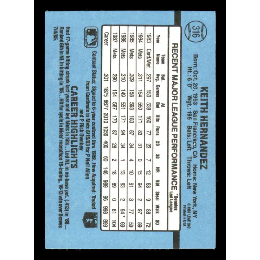 1988 Donruss #316 Keith Hernandez EX New York Mets Baseball Card Image 2