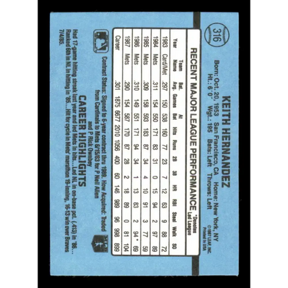 1988 Donruss #316 Keith Hernandez EX New York Mets Baseball Card Image 2
