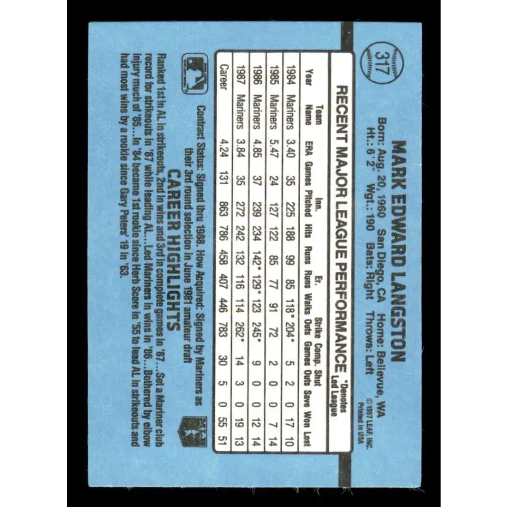 1988 Donruss #317 Mark Langston EX Seattle Mariners Baseball Card Image 2