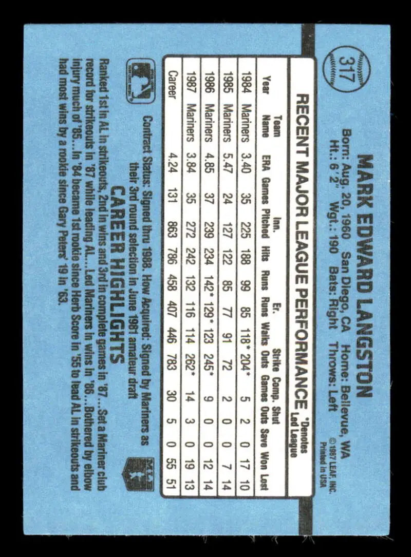 1988 Donruss #317 Mark Langston NM-MT Seattle Mariners Baseball Card - Baseball Card Single