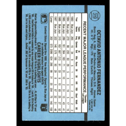1988 Donruss #319 Tony Fernandez EX Toronto Blue Jays Baseball Card Image 2