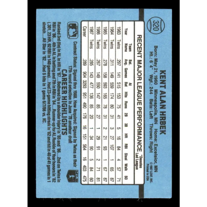 1988 Donruss #320 Kent Hrbek EX Minnesota Twins Baseball Card Image 2