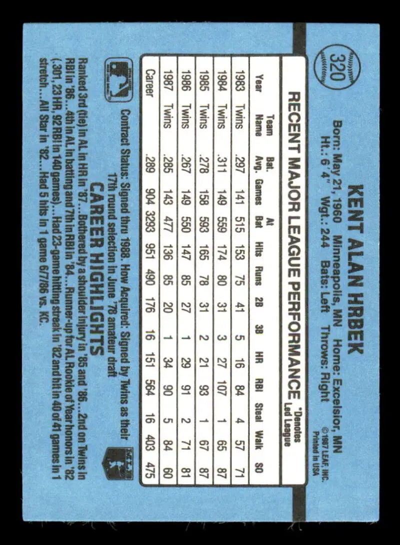 1988 Donruss #320 Kent Hrbek NM-MT Minnesota Twins Baseball Card - Baseball Card Single