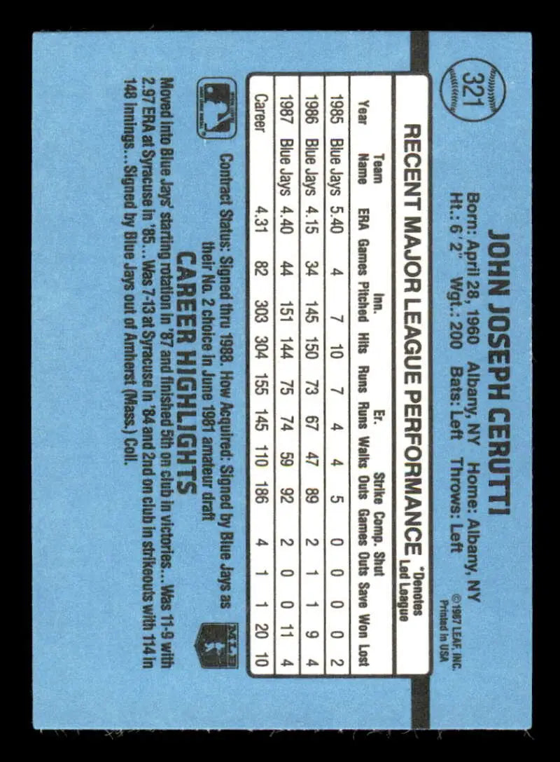 1988 Donruss #321 John Cerutti NM-MT Toronto Blue Jays Baseball Card - Baseball Card Single
