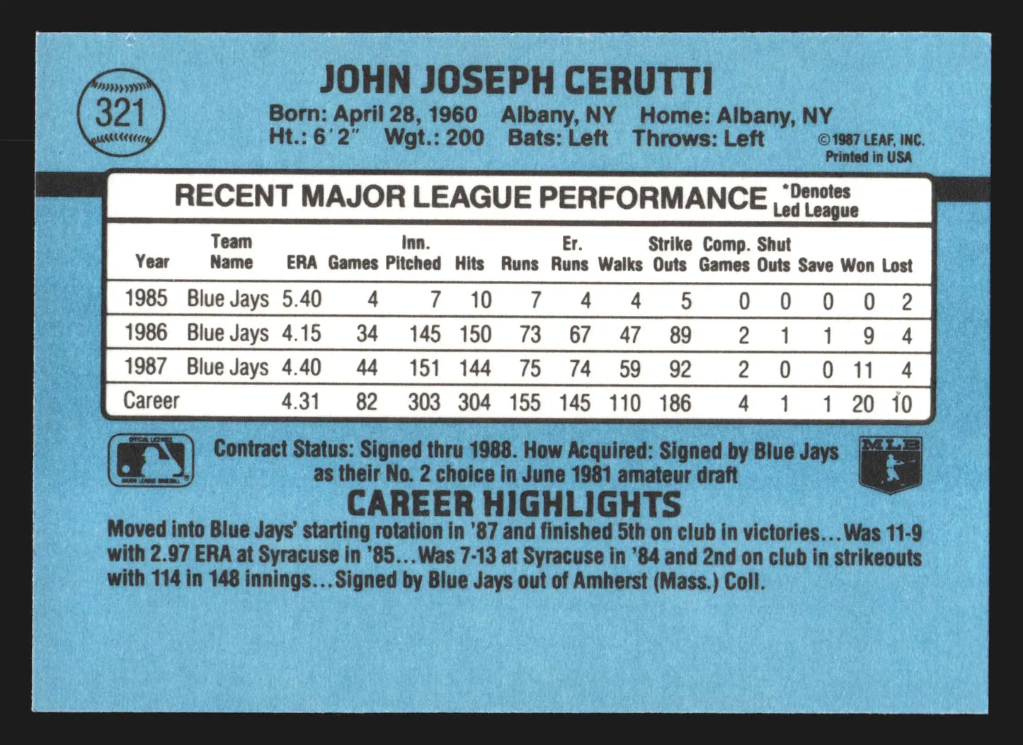 1988 Donruss #321 John Cerutti Toronto Blue Jays