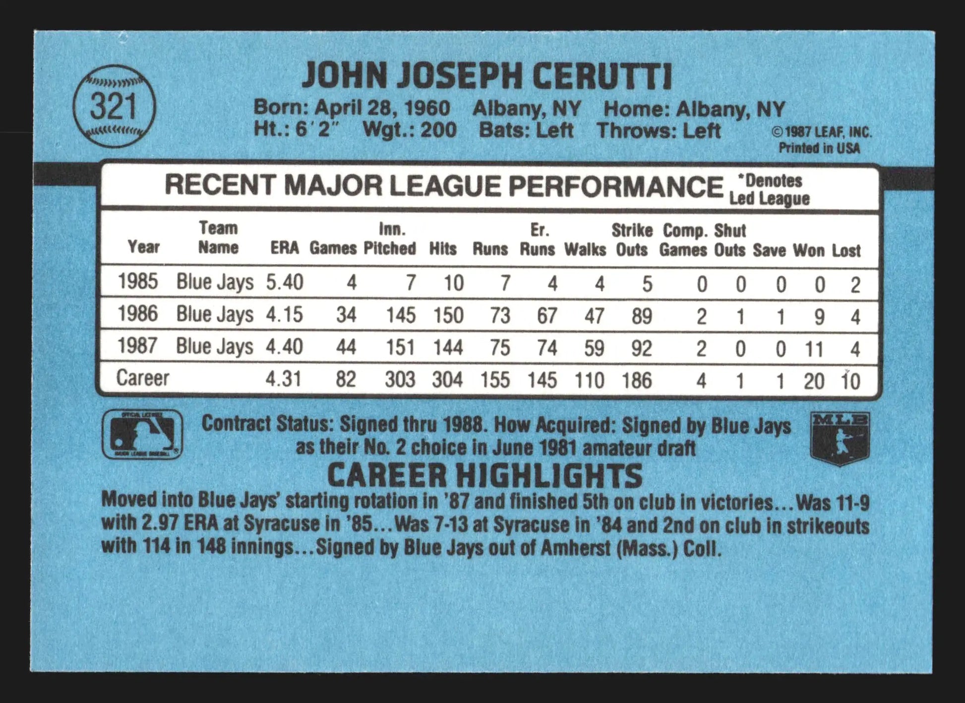 1988 Donruss #321 John Cerutti Toronto Blue Jays