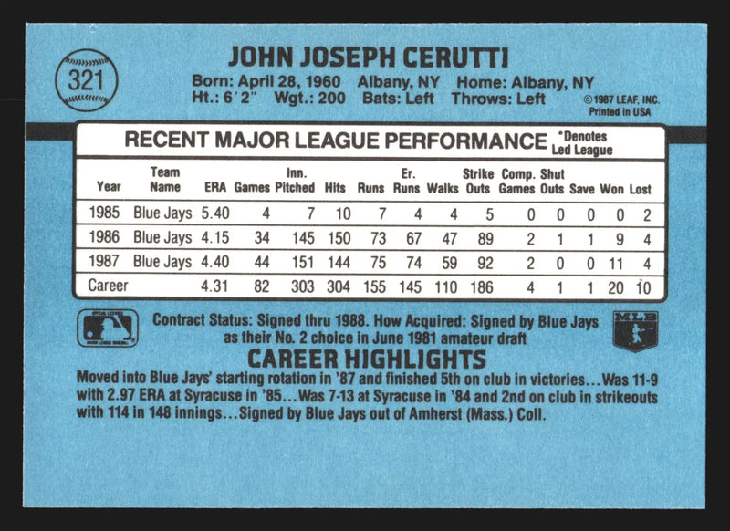 1988 Donruss #321 John Cerutti Toronto Blue Jays