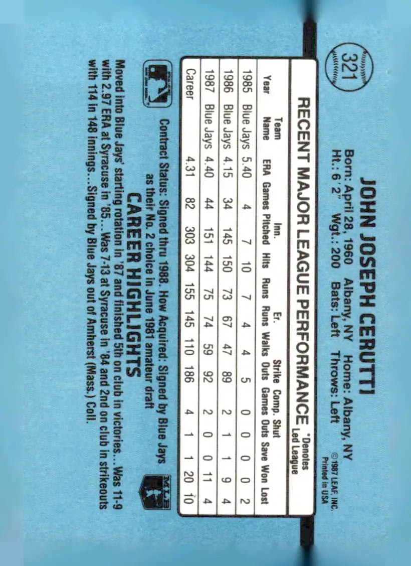 Back of 1988 Donruss 321c John Cerutti baseball card showing player details