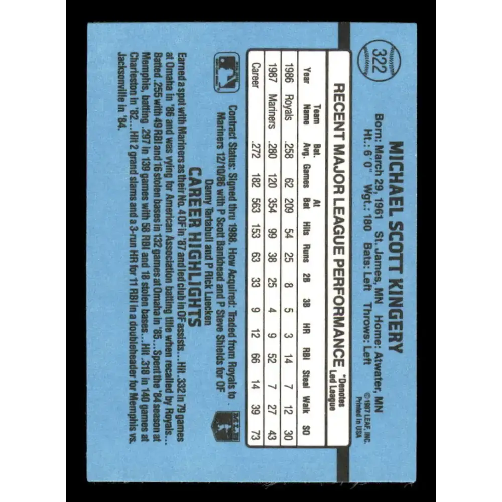 1988 Donruss #322 Mike Kingery EX Seattle Mariners Baseball Card Image 2