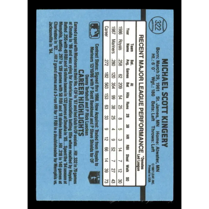 1988 Donruss #322 Mike Kingery EX Seattle Mariners Baseball Card Image 2