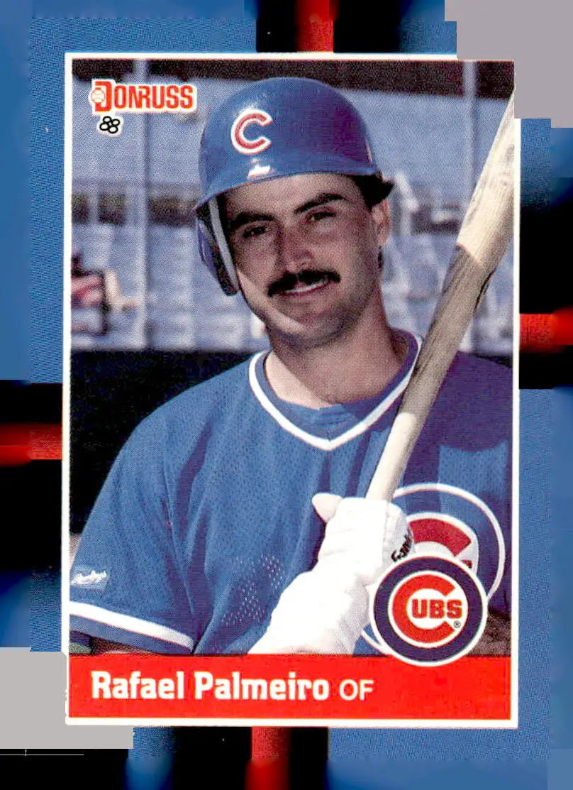 1988 Donruss Rafael Palmeiro baseball card of outfielder in Chicago Cubs uniform