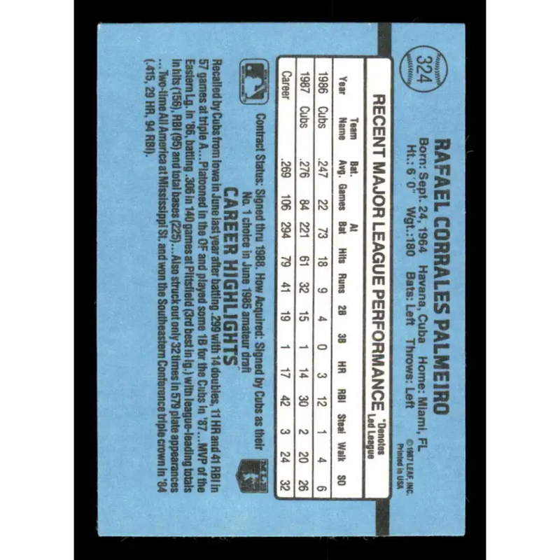 1988 Donruss #324 Rafael Palmeiro EX Chicago Cubs Baseball Card - Baseball Card Single