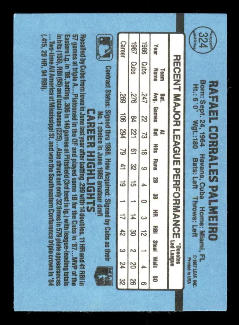 1988 Donruss #324 Rafael Palmeiro NM-MT Chicago Cubs Baseball Card - Baseball Card Single
