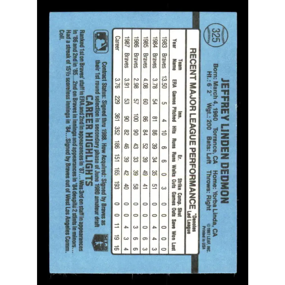 1988 Donruss #325 Jeff Dedmon EX Atlanta Braves Baseball Card Image 2