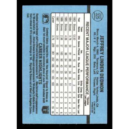 1988 Donruss #325 Jeff Dedmon EX Atlanta Braves Baseball Card Image 2