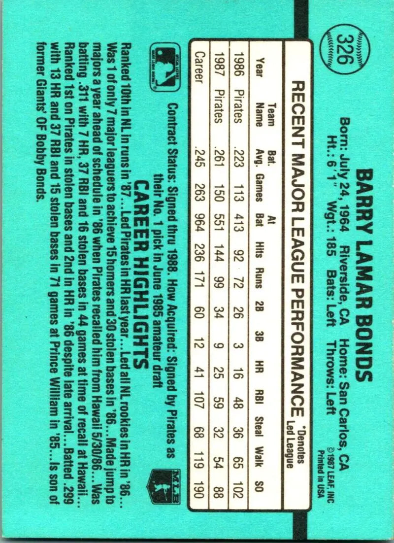 1988 Donruss #326 Barry Bonds NM-MT Pittsburgh Pirates Baseball Card - Baseball Card Single