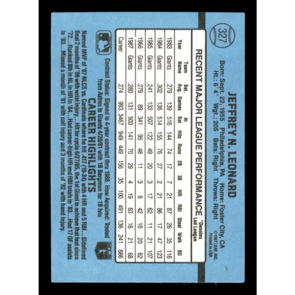 1988 Donruss #327 Jeffrey Leonard EX San Francisco Giants Baseball Card Image 2