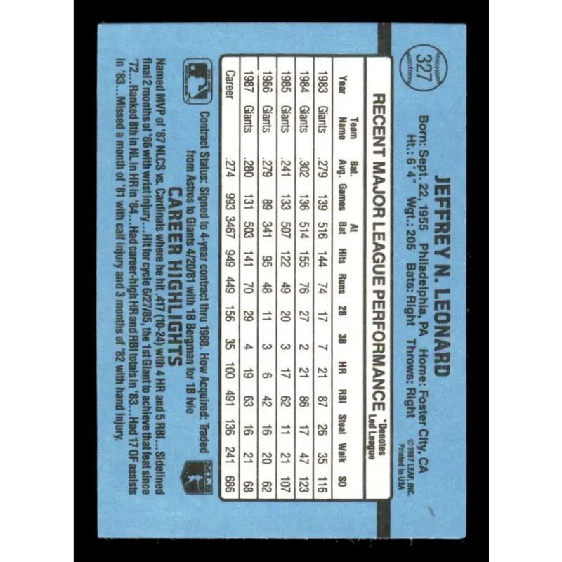 1988 Donruss #327 Jeffrey Leonard EX San Francisco Giants Baseball Card - Baseball Card Single