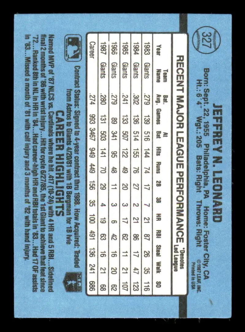 1988 Donruss #327 Jeffrey Leonard NM-MT San Francisco Giants Baseball Card - Baseball Card Single