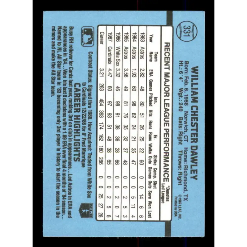 1988 Donruss #331 Bill Dawley EX St. Louis Cardinals Baseball Card - Baseball Card Single