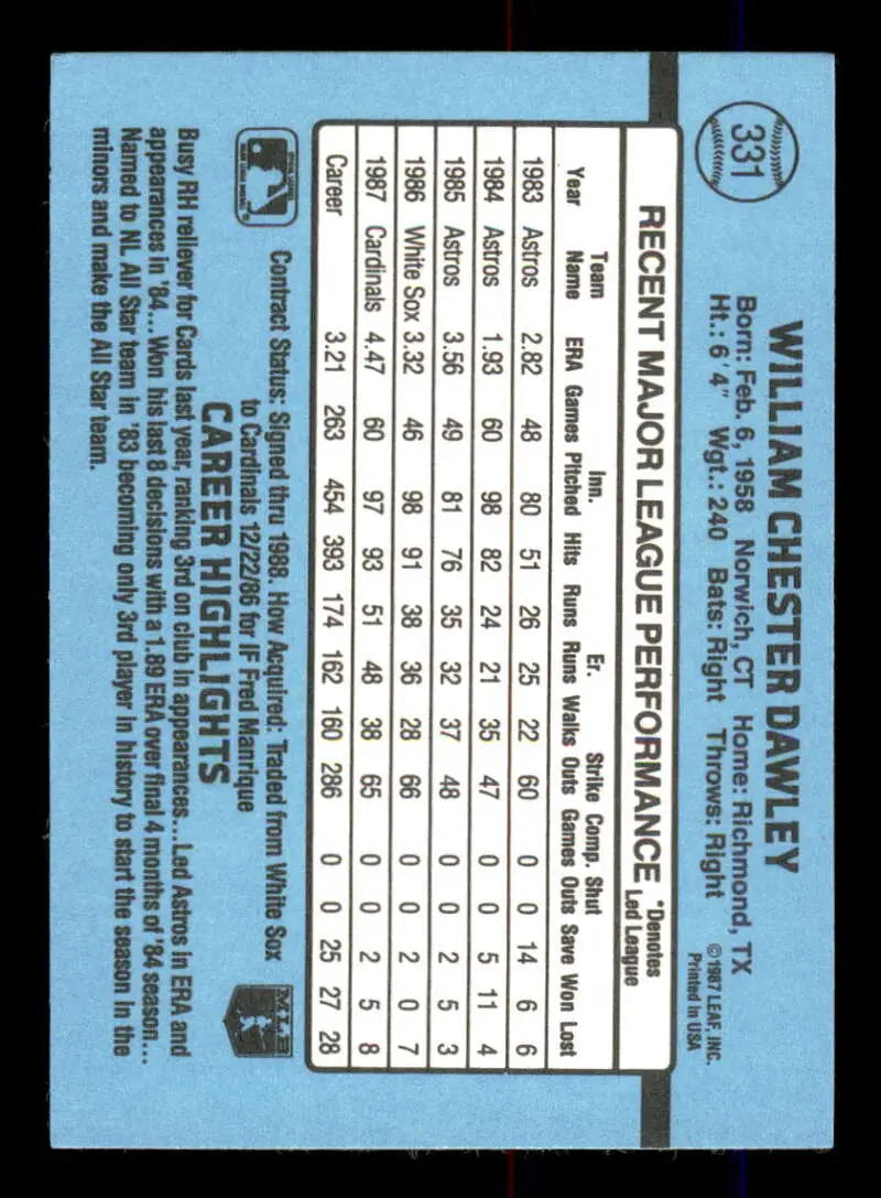 1988 Donruss #331 Bill Dawley NM-MT St. Louis Cardinals Baseball Card - Baseball Card Single