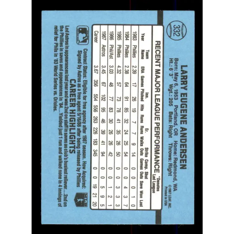 1988 Donruss #332 Larry Andersen EX Houston Astros Baseball Card - Baseball Card Single