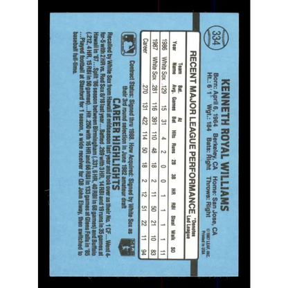 1988 Donruss #334 Kenny Williams EX Chicago White Sox Baseball Card Image 2