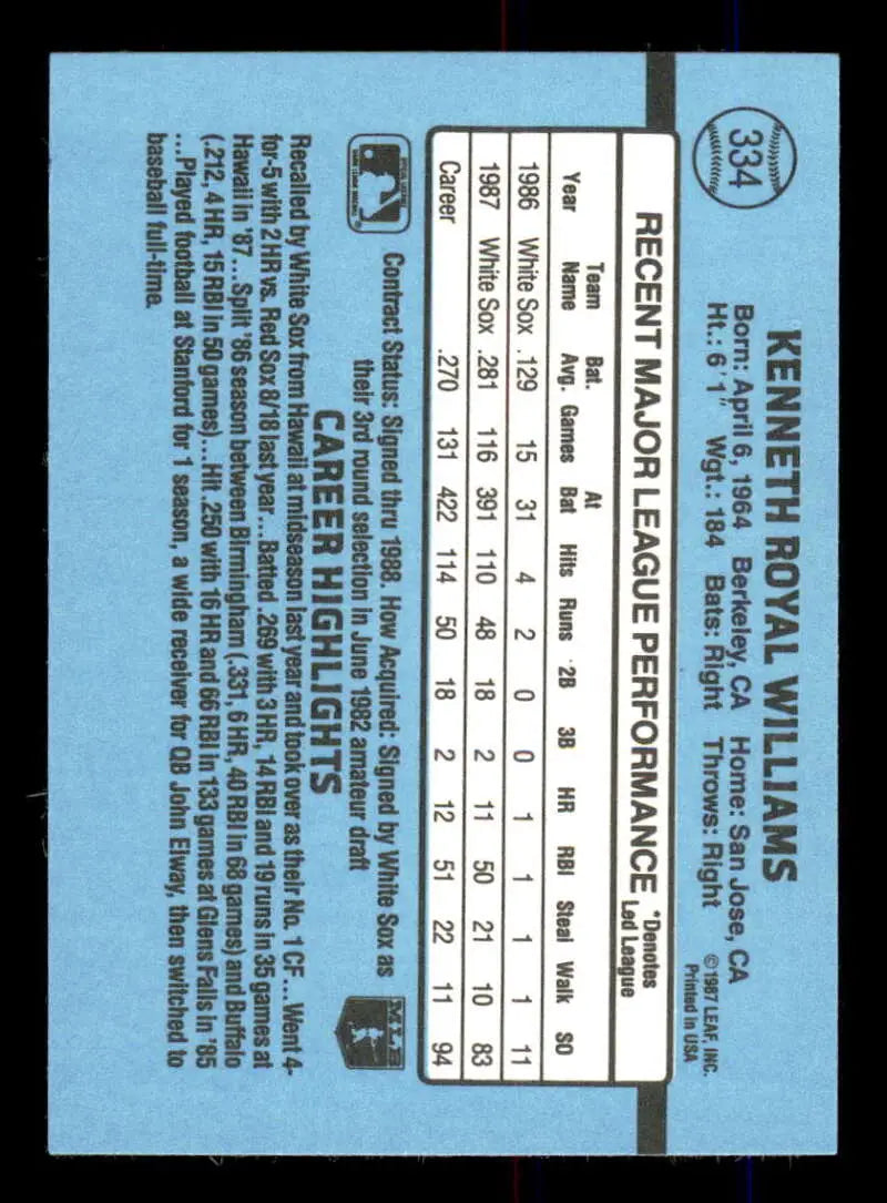 1988 Donruss #334 Kenny Williams NM-MT Chicago White Sox Baseball Card - Baseball Card Single
