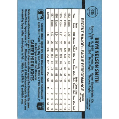 1988 Donruss #335 Bryn Smith EX Montreal Expos Baseball Card Image 2