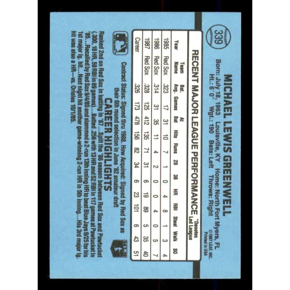 1988 Donruss #339 Mike Greenwell EX Boston Red Sox Baseball Card Image 2