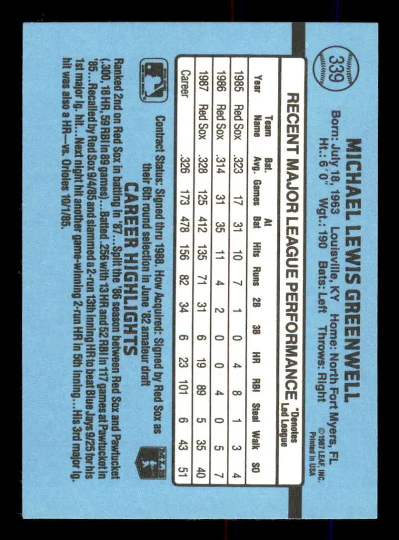 1988 Donruss #339 Mike Greenwell NM-MT Boston Red Sox Baseball Card - Baseball Card Single