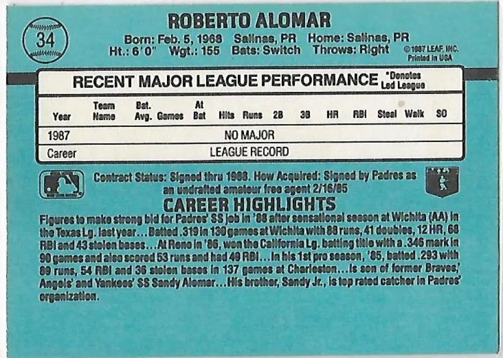 1988 Donruss #34 Roberto Alomar NM-MT RC Rookie San Diego Padres Baseball Card - Baseball Card Single