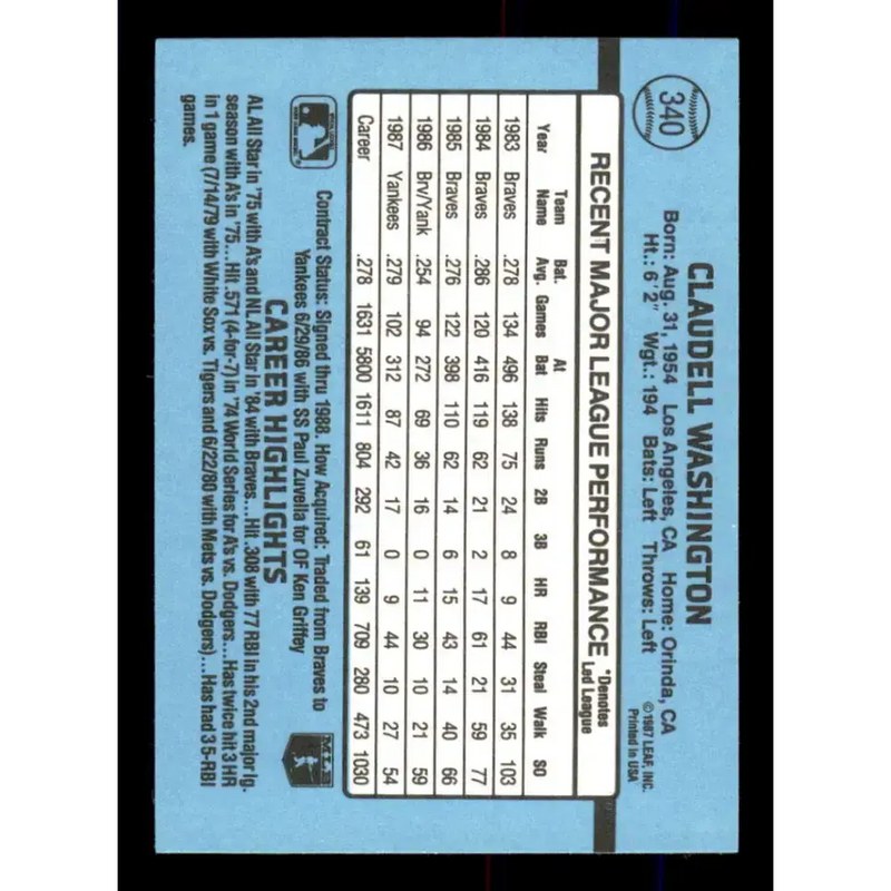 1988 Donruss #340 Claudell Washington EX New York Yankees Baseball Card - Baseball Card Single