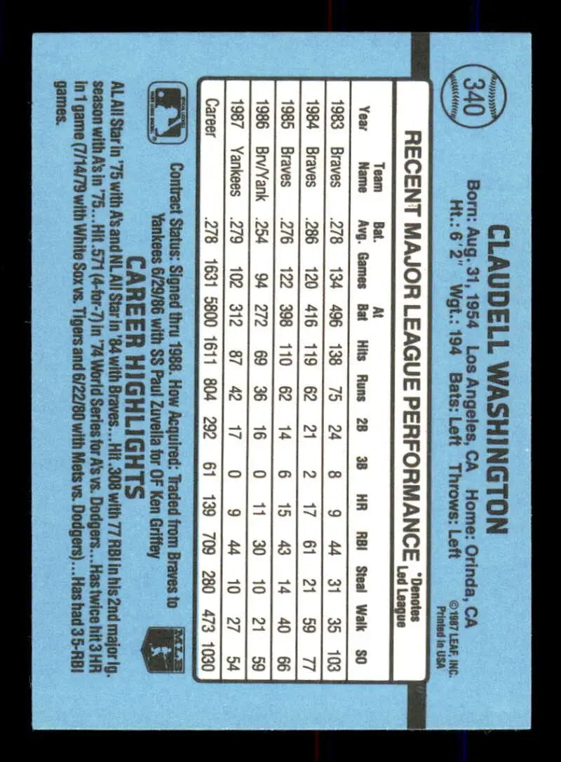 1988 Donruss #340 Claudell Washington NM-MT New York Yankees Baseball Card - Baseball Card Single