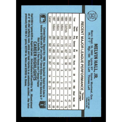 1988 Donruss #342 Mel Hall EX Cleveland Indians Baseball Card