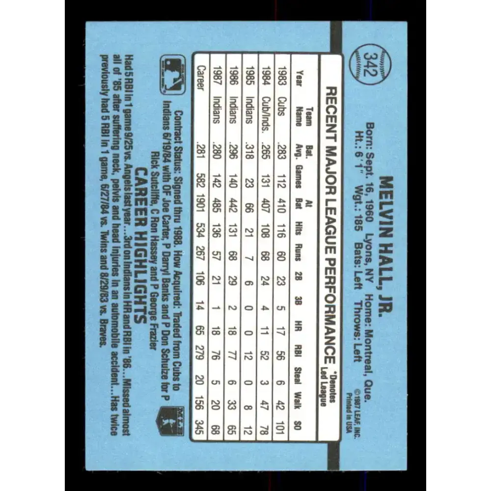 1988 Donruss #342 Mel Hall EX Cleveland Indians Baseball Card - Baseball Card Single