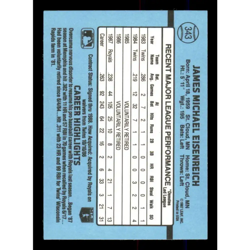 1988 Donruss #343 Jim Eisenreich EX Kansas City Royals Baseball Card - Baseball Card Single