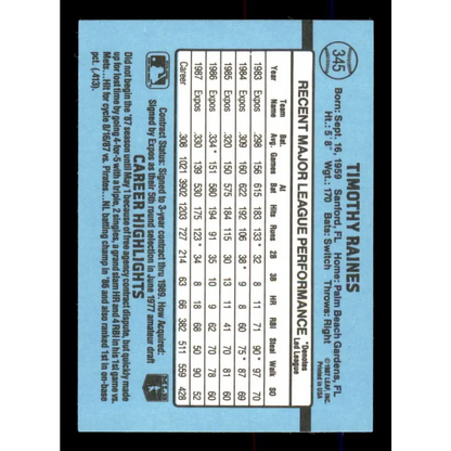 1988 Donruss #345 Tim Raines EX Montreal Expos Baseball Card Image 2
