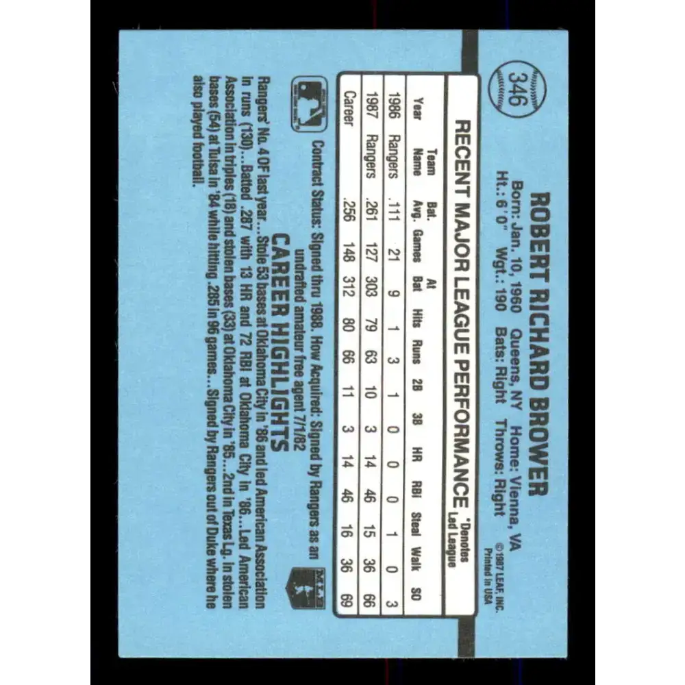 1988 Donruss #346 Bob Brower EX Texas Rangers Baseball Card - Baseball Card Single