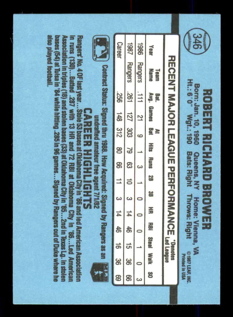 1988 Donruss #346 Bob Brower NM-MT Texas Rangers Baseball Card - Baseball Card Single