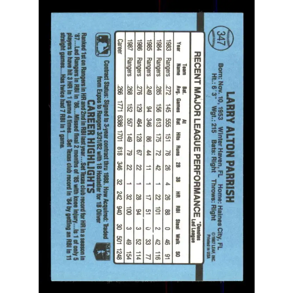 1988 Donruss #347 Larry Parrish EX Texas Rangers Baseball Card - Baseball Card Single