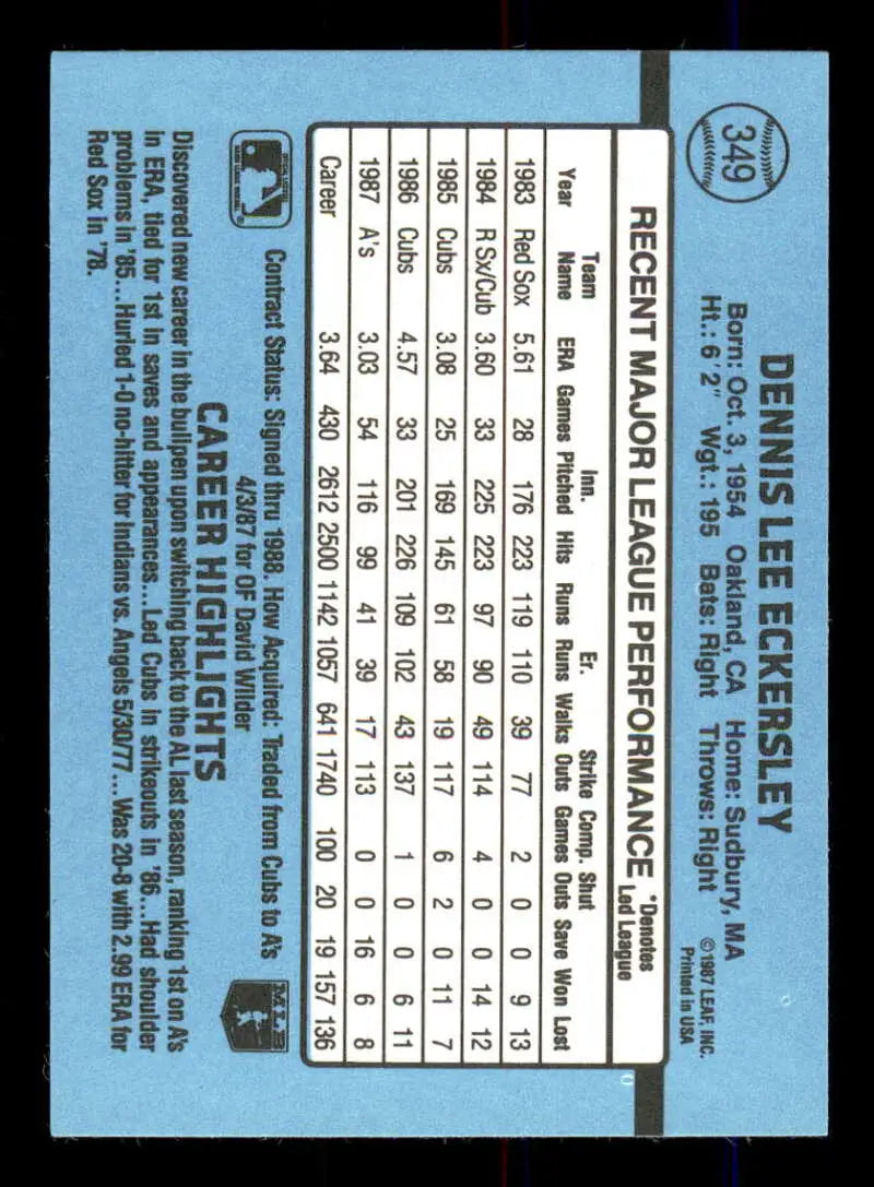 1988 Donruss #349 Dennis Eckersley NM-MT Oakland Athletics Baseball Card - Baseball Card Single