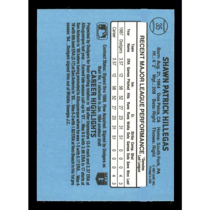 1988 Donruss #35 Shawn Hillegas/ EX RC Rookie Los Angeles Dodgers Baseball Card