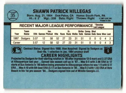 Original gloss Shawn Hillegas Los Angeles baseball card from 1988 Donruss series